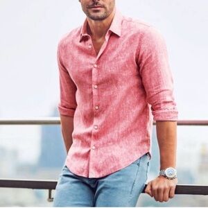 UNTUCKit Men's Red Certan De May 100% Linen Button Down Dress Shirt XL Slim Fit